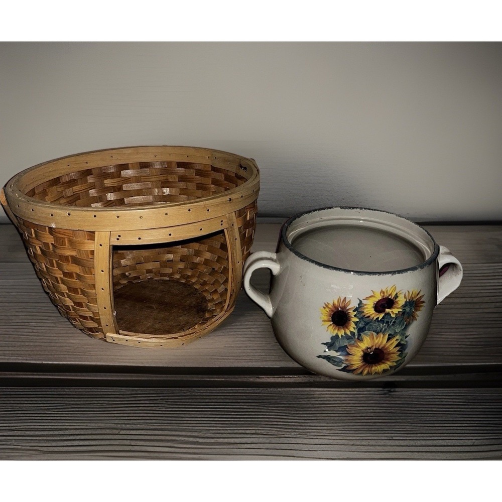 Home & Garden Party Sunflowers Bee Stoneware Bean Pot & Basket w/ Handles Lid